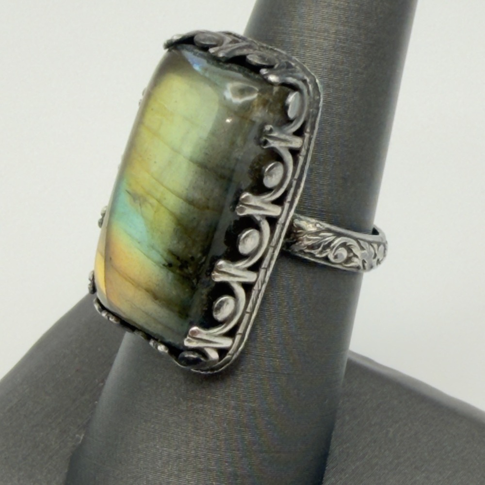 Vtg Large Labradorite Ring Sterling Silver Sz 7.5 Ornate Bali Style 10.73 Gr